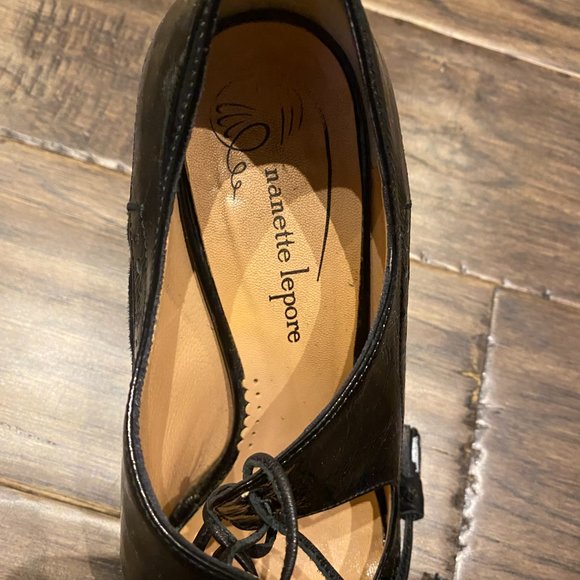 Nanette Lepore Black Mixed Suede and Patent-Leather Peep-Toe Lace-Up Pumps - Picture 3 of 5